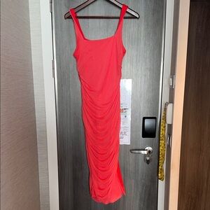 Fashion Nova Coral Red Ruched Mesh material Maxi Dress L NWT